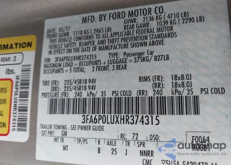2017 Ford Fusion Hybrid Se z USA, uszkodzony, nr VIN 3FA6P0LUXHR374315